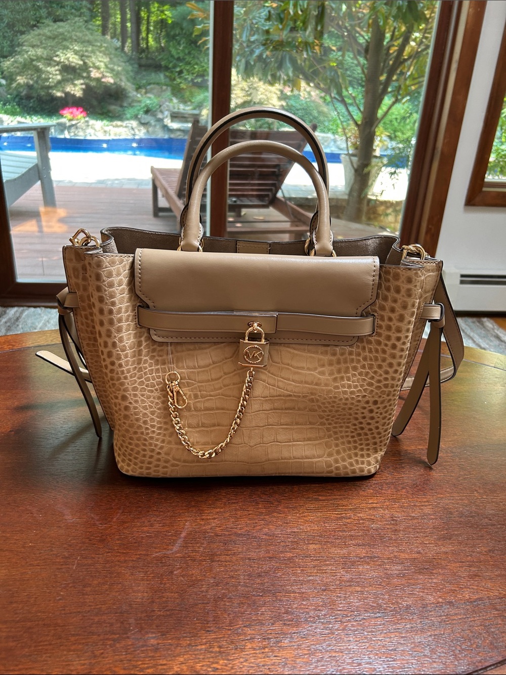 Michael Kors Taupe Croc-Embossed Satchel with Gold Chain
